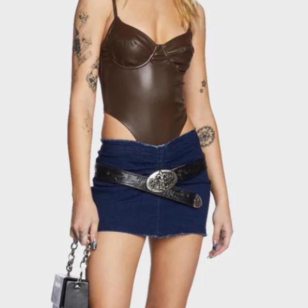 Edikted Brown High-Cut Faux Leather Cupped Bodysuit in Brown